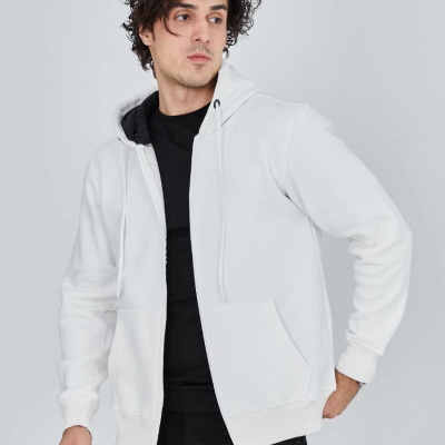 Tam Fermuarlı Kapşonlu  SweatShirt - Beyaz -